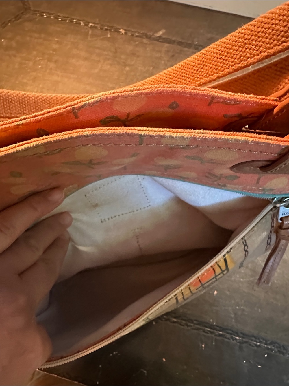 Fossil Printed Birdcage Bag in Tan and Orange - Picture 7 of 14
